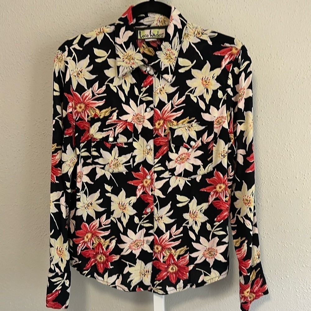 Vintage Loco Wido floral pearl snap blouse double front pockets size medium